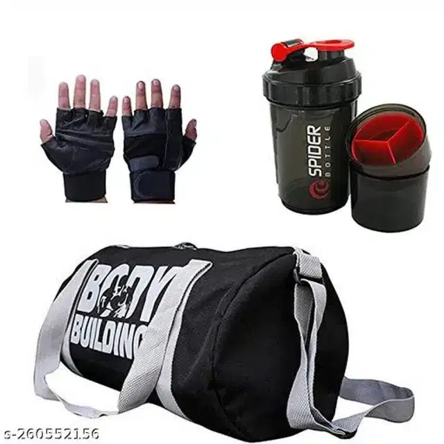 Combo of Gym Bag with Shaker Bottle, 400 ml, Gloves, Multicolor, Set of 3