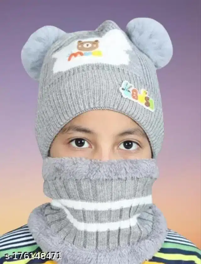 Woolen Winter Beanie Cap with Neck Warmer for Kids (Grey, 2-7 Years)