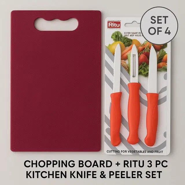 2 Pc Combo Set (Chopping Board + Ritu 3 pc Kitchen Knife & Peeler Set)