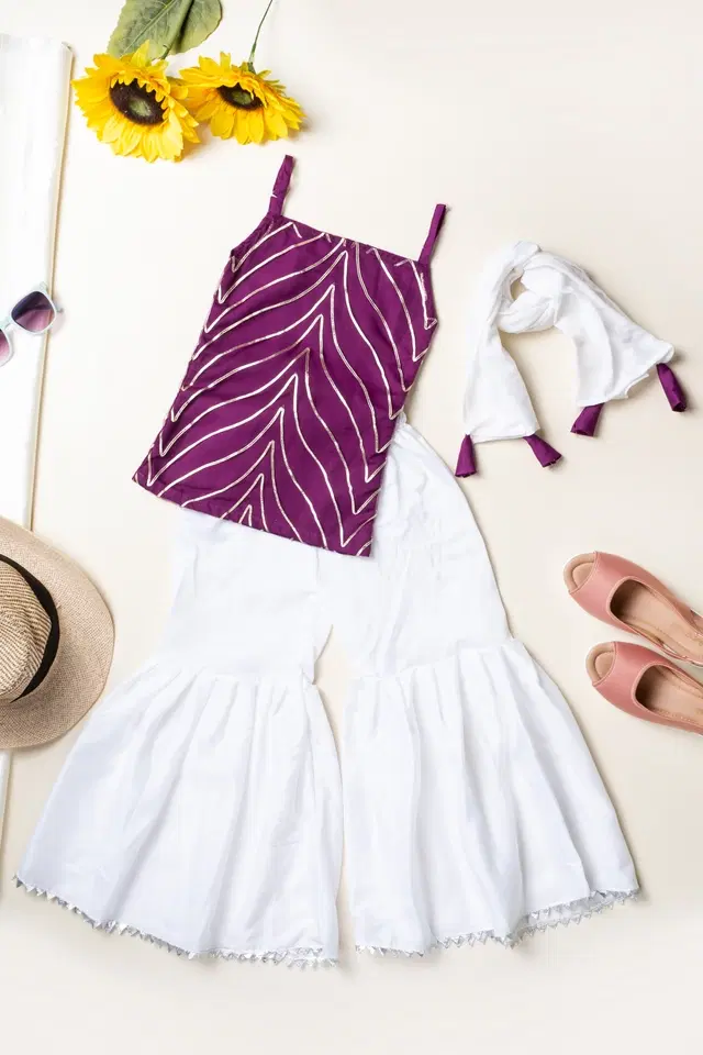 Net Embellished Kurti with Sharara & Dupatta for Girls (Purple & White, 7-8 Years)