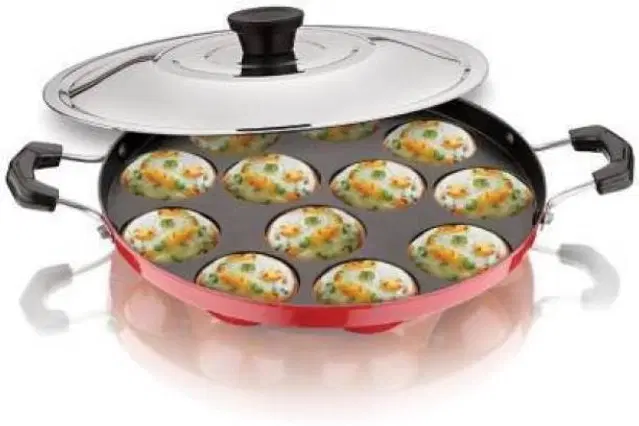 ZODEX 12 Cavities Non Stick Appam Patra with Lid and Side Handle, Multicolor, 21 cm