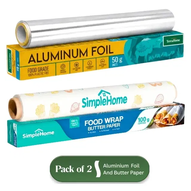 TerraHome Aluminium Foil 50g [Net] and SimpleHome Basic Food Wrapping Paper 100g [Gross] [Pack of 2]