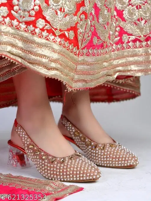 Embellished Round Toe Heel Sandals for Women (Red, IND-3)