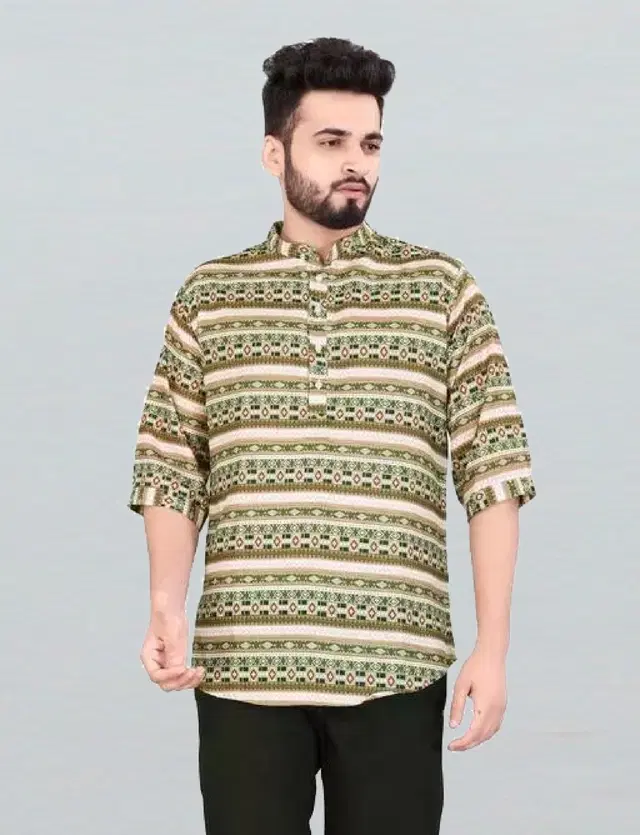 Cotton Blend Printed Kurta for Men (Olive, M)