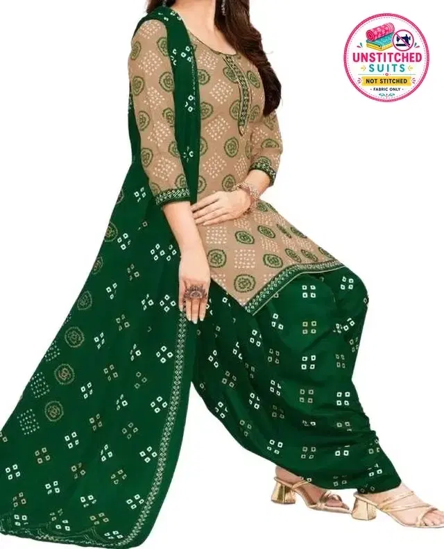 Crepe Block Print Unstitched Suit with Dupatta for Women, (Beige)