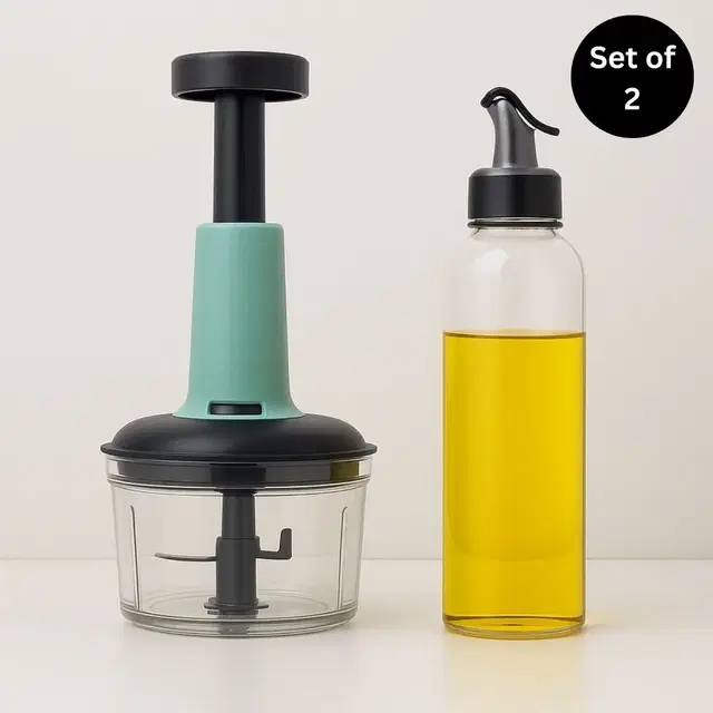 Instant Manual Push Chopper 650 ml with 1 Litre Plastic Oil Dispenser - Assorted