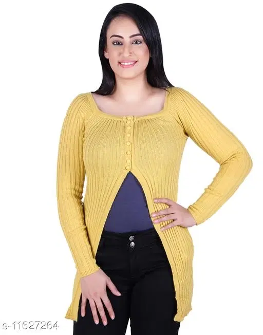 Acrylic Solid Sweater for Women (Yellow, L)
