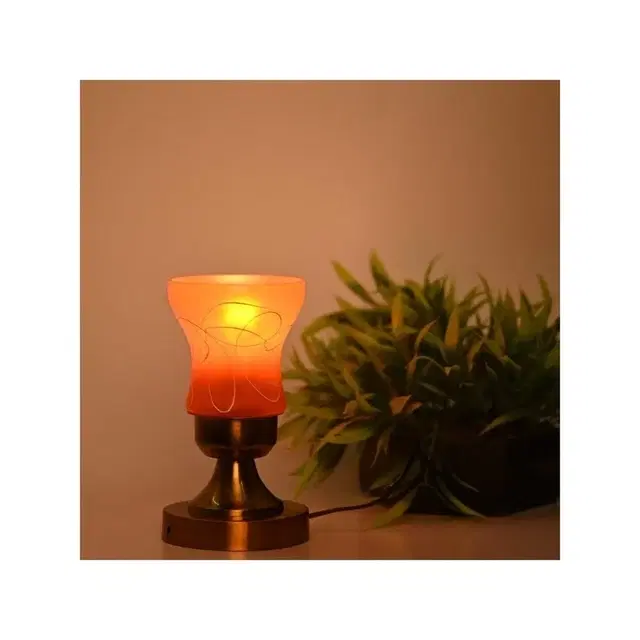 Glass Shade Table Lamp With Brass Base (Orange)