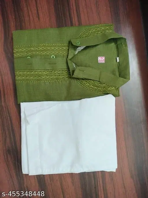 Cotton Solid Kurta Set for Men, Green & White (M)