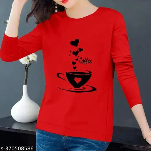 Cotton Printed Sweatshirt for Women (Red, S)