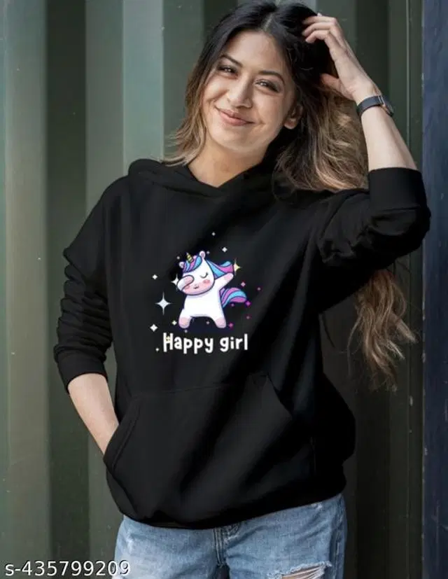 Fleece Printed Hoodie for Women (Black, S)