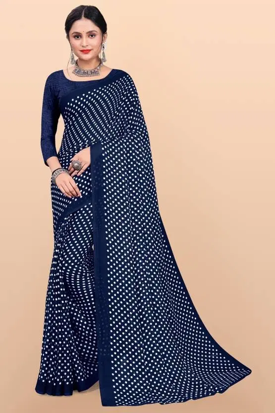 Georgette Polka Printed Saree for Women, Navy Blue