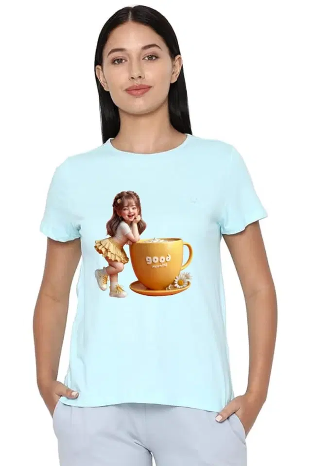 Cotton Blend Printed T-shirt for Women, Aqua Blue (L)