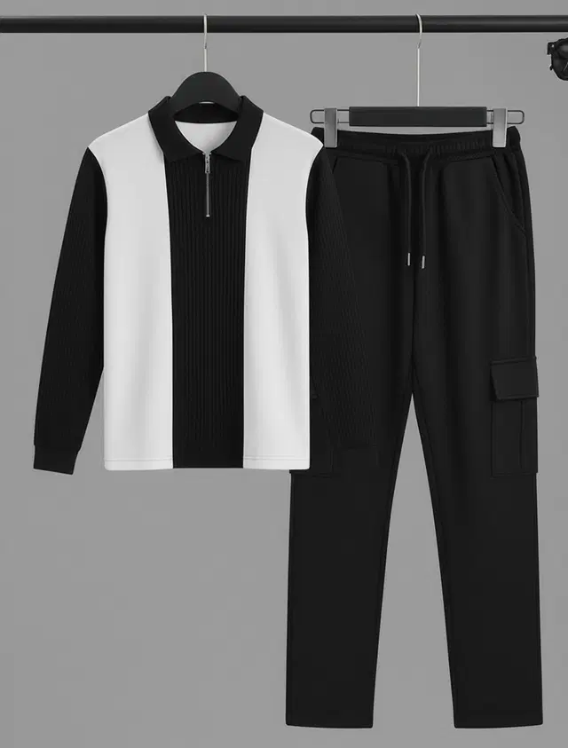 Colorblocked Night Suit For Men  Black , (M)