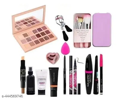 Rsentera's  Nude Eyeshadow, Hello Kitty, Puff,  3-in-1 Maskara, 36h, Primer tube ,  Fixer,  Eyelashes,  EyeLash Curler, Foundation tube, Contour stick.