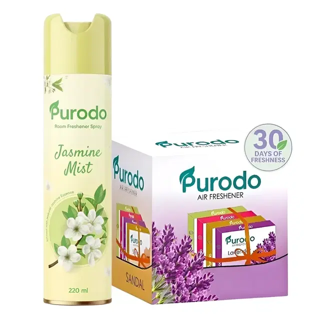 Purodo Air Freshener Spray 220ml Jasmine Mist + Air Freshner Blocks Lavender, Jasmine, Sandal & Rose 4 X 50g