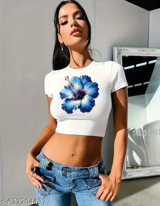 Cotton Blend Printed tops for Women, White (XS)