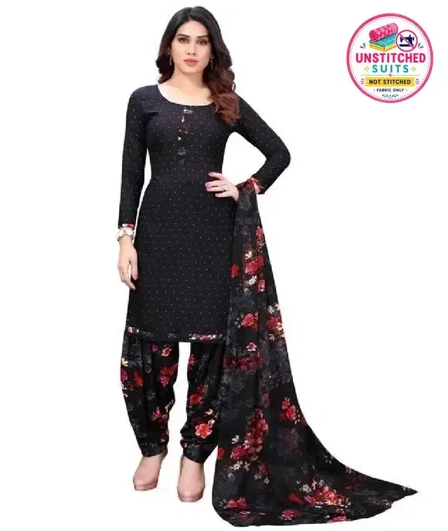 Crepe Polka Dots Unstitched Suit with Dupatta for Women, Black