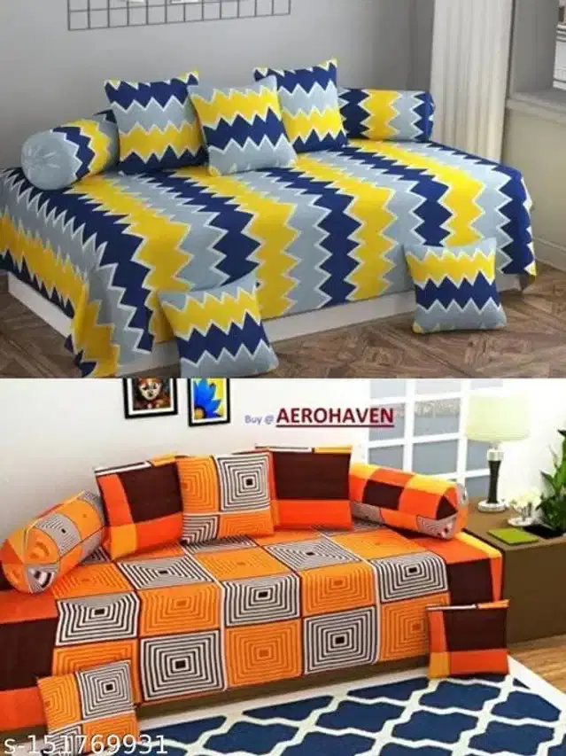 Polycotton Diwan Cover Set, Multicolor, Combo of 2