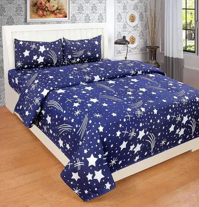 Polycotton Printed Double Bedsheet with Two Pillow Covers, Blue, 90x90 Inches