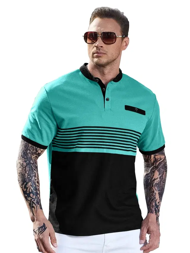 Mandarin Neck Striped Cotton T-shirt for Men (Blue, S)