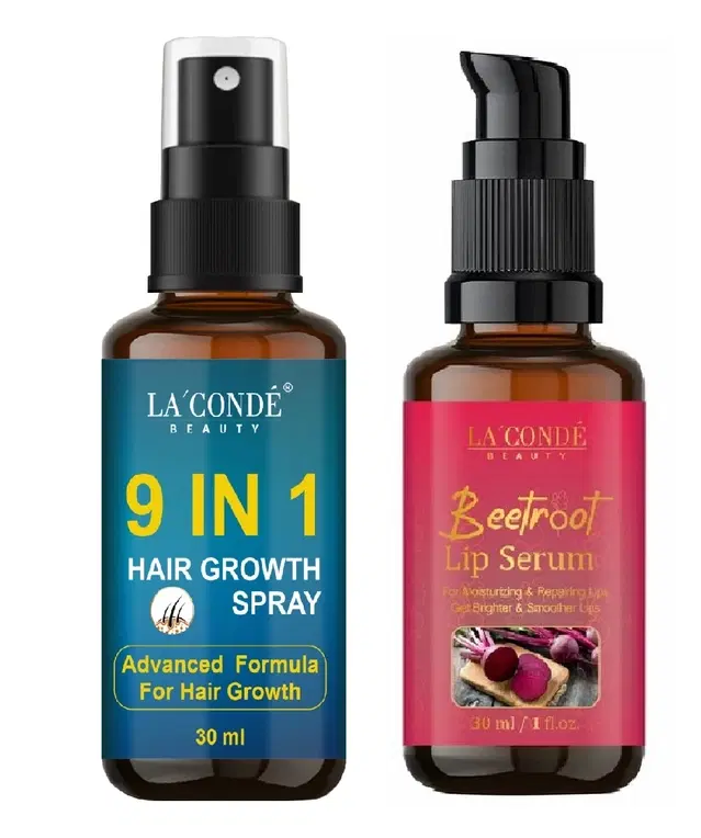 Combo of La'Conde Beauty 9 in 1 Hair Growth Spray & Beetroot Lip Lightening Serum, 30 ml, Set of 2