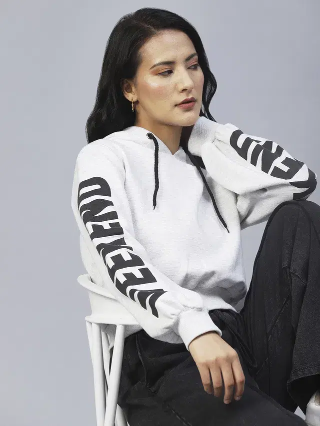 Women's Printed Sleeves Hooded Sweatshirt (Off White, S)