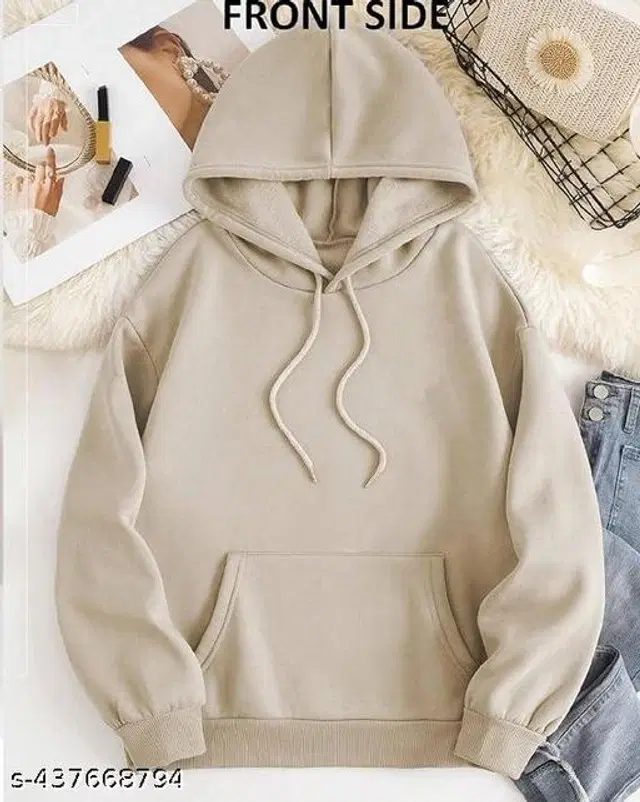Cotton Blend Printed Hoodie for Women (Beige, S)