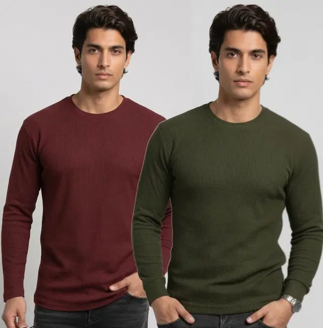 Polyester T-shirt for Men, Maroon & Olive, Pack of 2 (M)