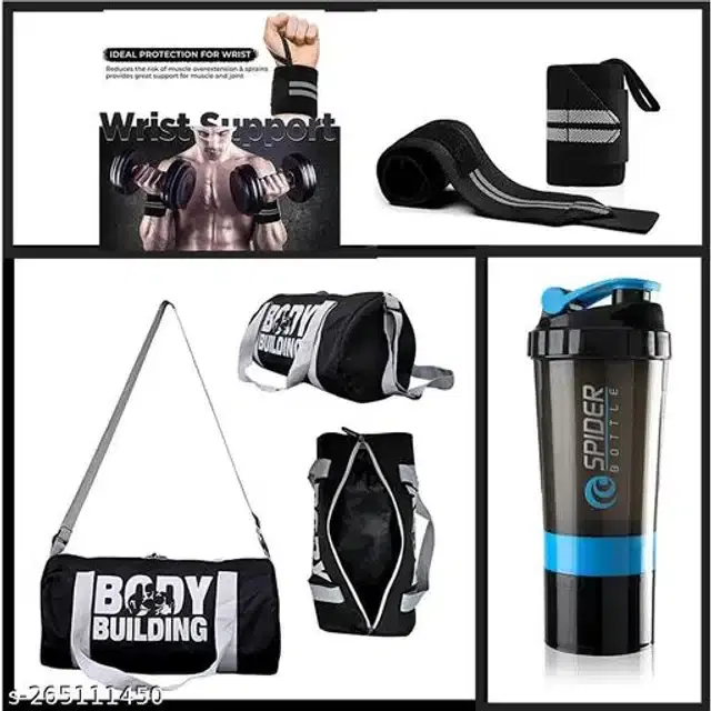 Combo of Gym Bag with Shaker Bottle, 400 ml, Wrist Support Bands, Multicolor, Set of 3