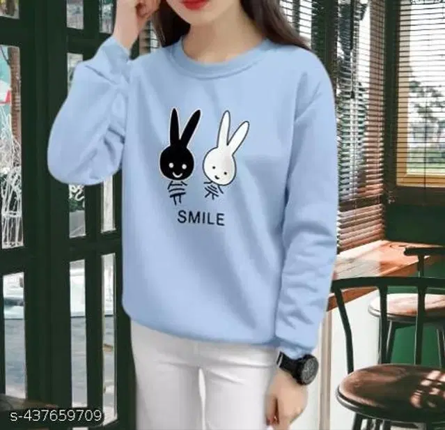 Cotton Blend Printed Sweatshirt for Women (Sky Blue, S)