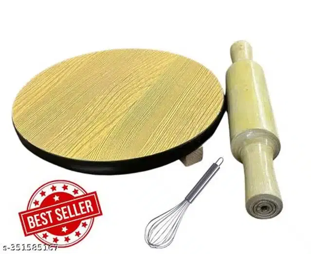 Wooden Chakla with Belan & Whisk, Beige & Silver, Set of 3