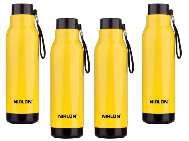 Nirlon Loki Pu Insulated Stainless Steel Inner Side Set Of 4, 480Ml Each Bottle, Break Proof, Leak Proof, Hot & Cold Water Bottle For Home| School | Office | Gym | Hiking | Travel Bottle (Yellow)