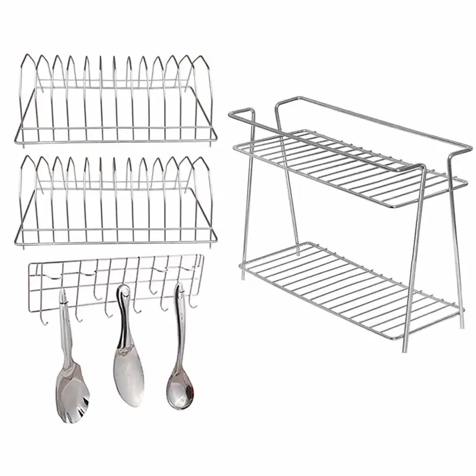 Oc9 Stainless Steel Spice Rack 2 Shelf & Plate Stand & Wall Mounted Ladle Hook Rail For Kitchen, Pack Of 2, Oc-277