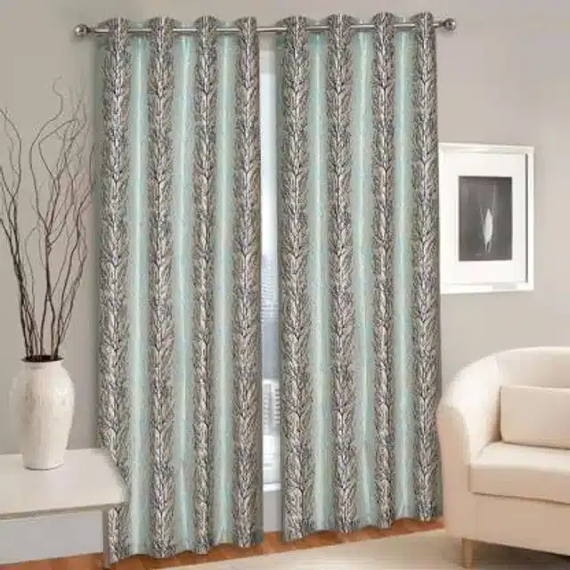 Polyester Printed Window & Door Curtains, Pack of 2, Teal, 6 feet