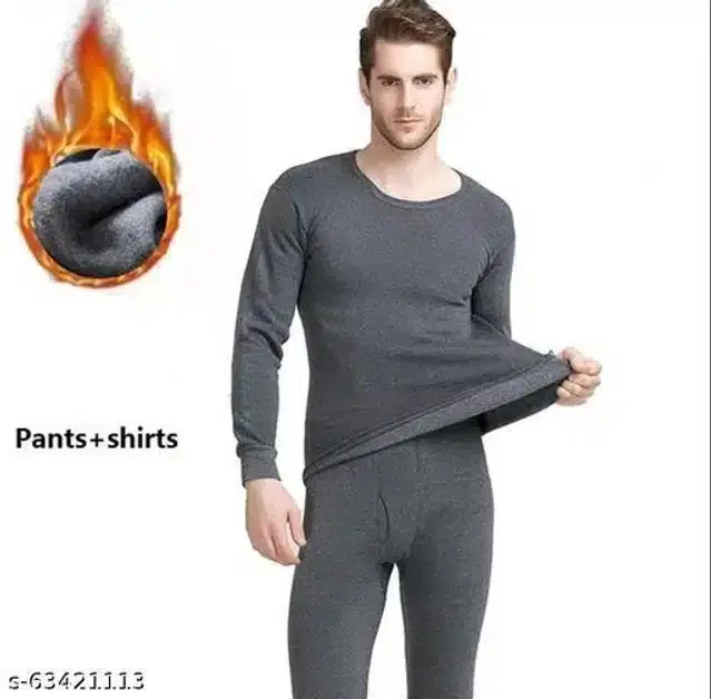 Cotton Blend Thermal Set for Men (Grey, XS)