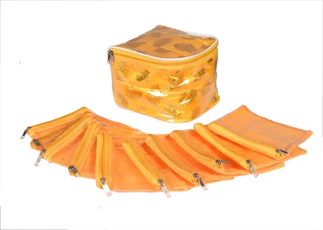 Canvas Printed Jewellery Organizer Bag with 10 Pcs Separate Pouches, Yellow, Set of 1