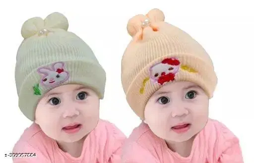 Woolen Caps for Kids, Pack of 2 (Multicolor, 0-3 Months)