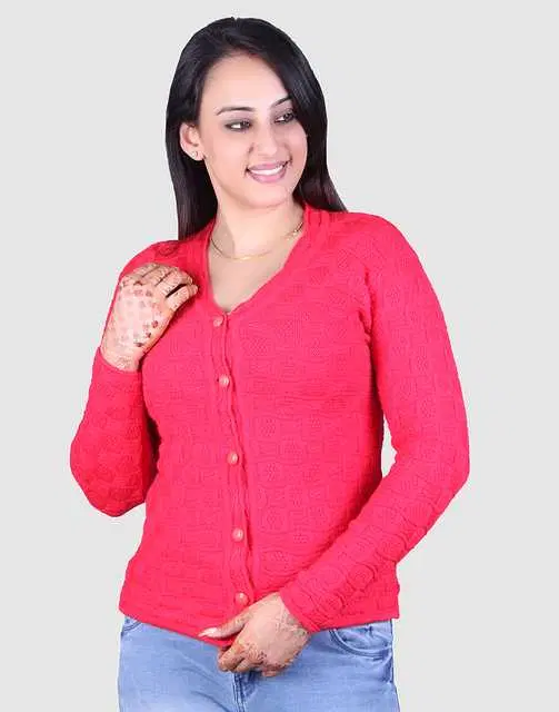 Women's Full Sleeves Cardigan (Pink, L) (M146)