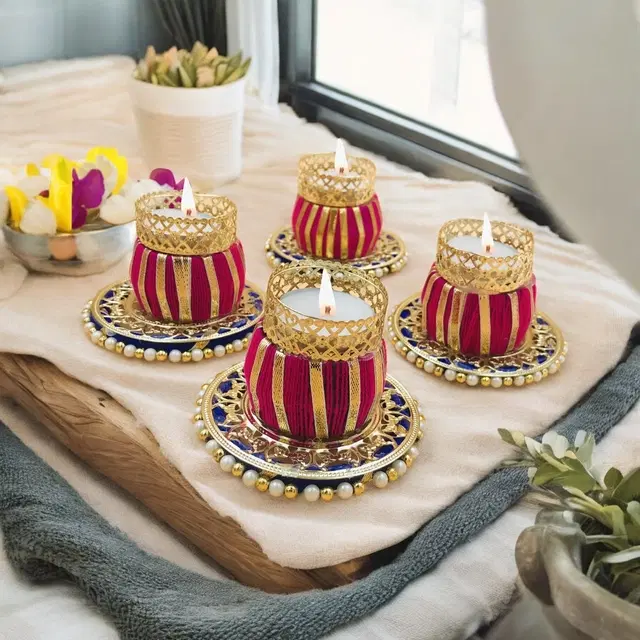 Metal Designer Tealight Candle Holder, Pink, 8x8x6 cm, Pack of 4