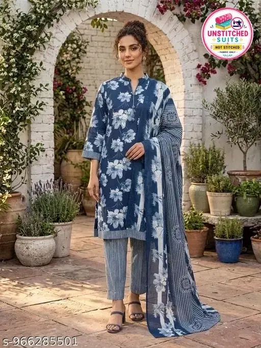 SIMPLYETHNIC Cotton Blend Printed Salwar Suit Set for Women (Blue, L)