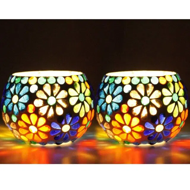 Aatiutik Hand Made Glass T-Light Candle Holder Set Of 2 With 4 Tlight Candle Free For Birthday Anniverary Diwali Christmas Hotel Spa Festival, A027