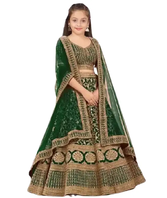 Satin Lehenga Cholis with Dupatta for Girls (7-8 Years, Green)