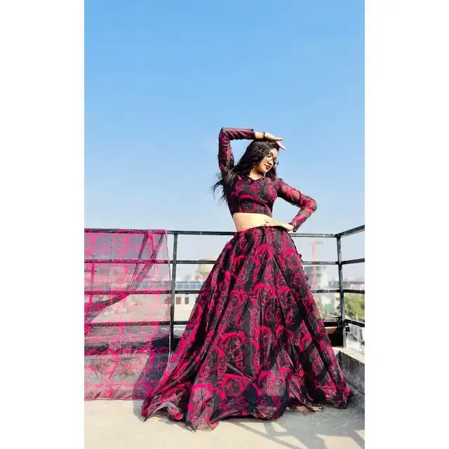 Organza Semi Stitched Lehenga Choli for Women (Maroon, Free Size)