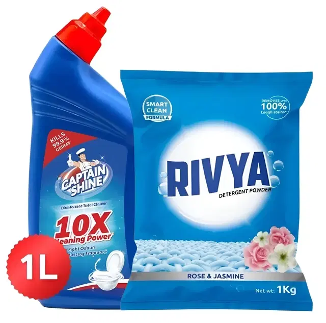 Captain Shine Disinfectant Toilet Cleaner 1 L + Rivya Detergent Powder 1 kg