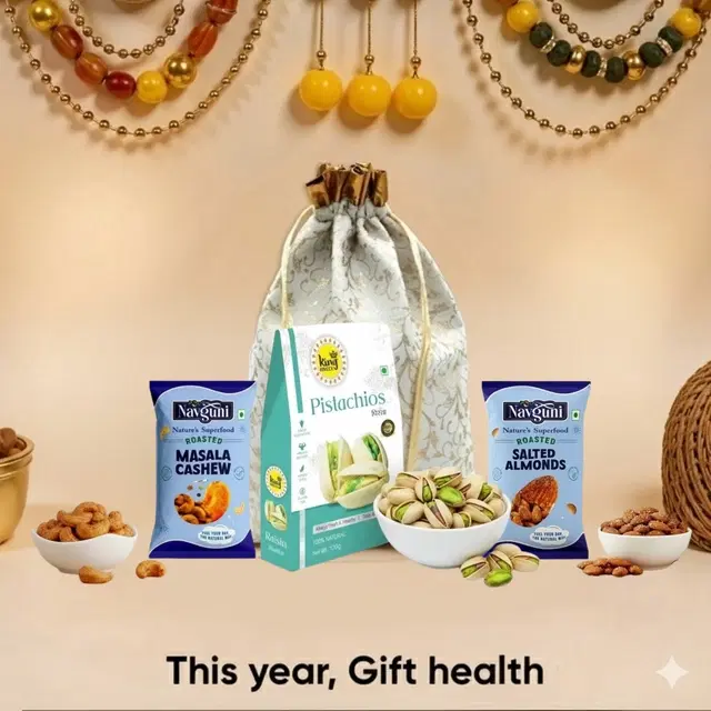 King Uncle California Pista (Roasted & Salted) 100 g , Navguni Roasted Masala Cashew 35 g , Navguni Roasted Salted Almonds 35 g , Designer Potli