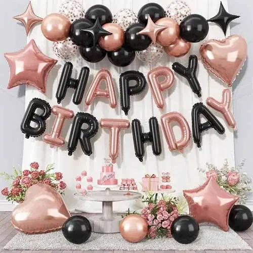 Happy Birthday Balloon Decoration Kit ,Rose Gold & Black ,Set Of 1