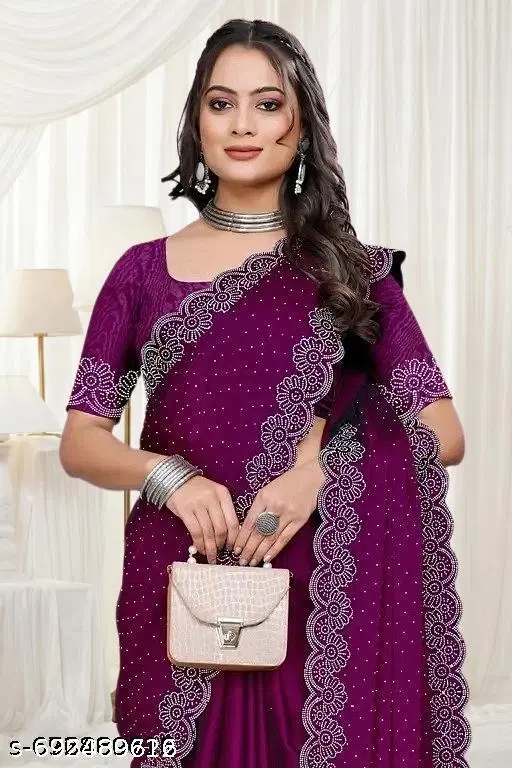 Chiffon Solid Saree For Women, Purple