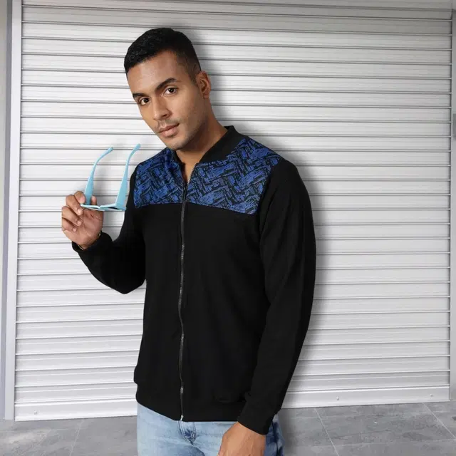 Polyester Colorblocked Sweatshirt For Men, Black & Blue (L)