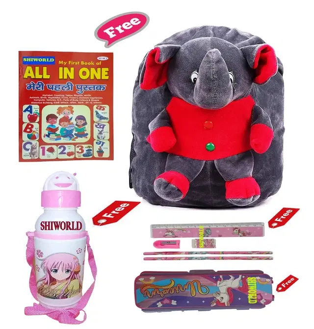 Combo of Kids Cartoon Bag Backpack, All In One Book, Water Bottle & Gift Set Geometry Set, Multicolor, Set of 1